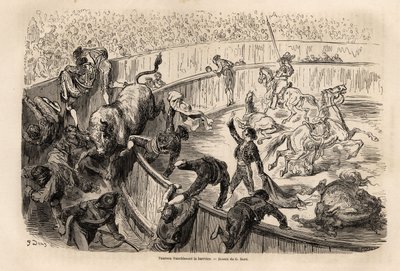 A bull crossing the barrier during a bullfight in Valencia by Gustave Dore