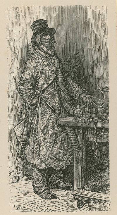 A man stands selling his wares from a market stall by Gustave Dore