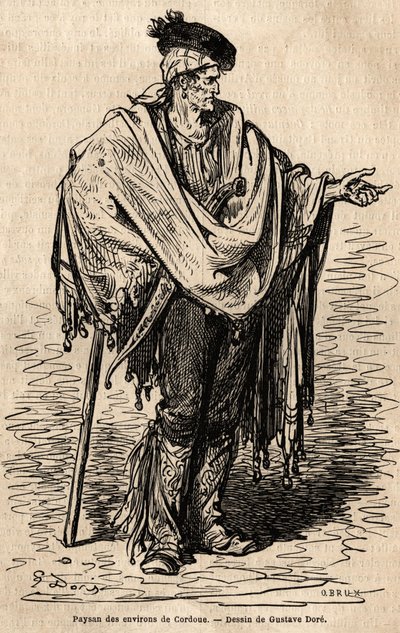 A peasant from the Cordoba region. Sketch taken on the live by Gustave Dore (1832-1883). Engraving to illustrate the voyage in Spain, in 1862 by Charles Davillier and Gustave Dore, in Le tour du monde, nouveau journal des voyages published under the direc by Gustave Dore