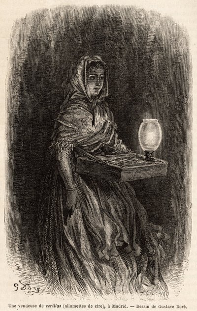 A saleswoman of wax matches, sketch on live in the Puerta del Sol, in Madrid. Engraving by Gustave Dore (1832-1883) to illustrate his trip to Spain by Gustave Dore