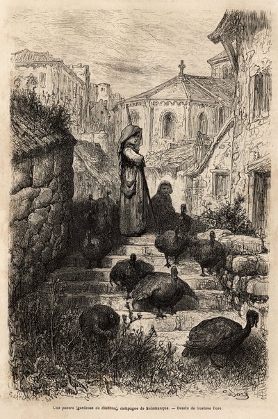 A turkey keeper in the streets of a village in the countryside of Salamanca. Drawing by Gustave Dore illustrating a voyage in Spain by Charles Davillier, published in 
