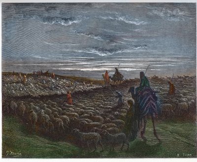 Abraham Journeying Into the Land of Canaan - Abram settled in the land of Canaan - engraving in The Bible illustree by Gustave Dore - Engraving from The Dore Bible by Gustave Dore