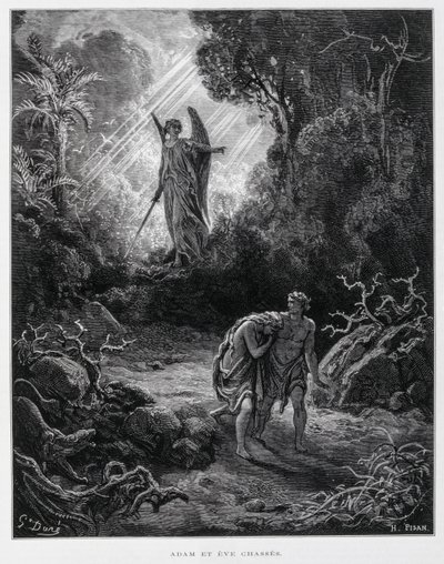Adam and Eve banished from the Garden of Eden by an angel, Illustration from the Dore Bible by Gustave Dore
