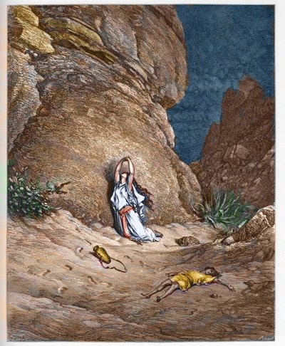 Hagar and her son Ishmael in the desert after being expelled by Abraham - engraving in The Bible illustree by Gustave Dore - Engraving from The Dore Bible by Gustave Dore
