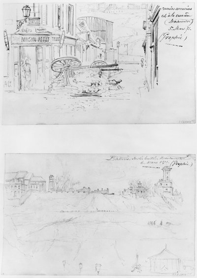 Album of the Siege of Paris, Rue des Accacias et rue de la Carriere 5th March 1871, batteries on the Buttes Montmartre 6th March 1871 by Gustave Dore