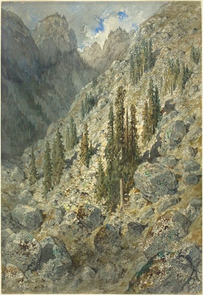 An Alpine Valley with Trees and Boulders by Gustave Dore
