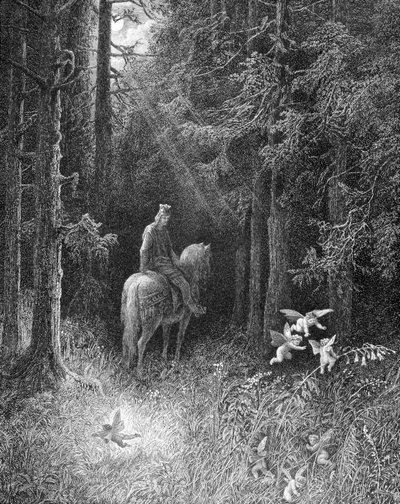 As He Crossed the Dark Forests, He Himself Saw 3 Spirits Crazy with Joy Jumping to the Side of the Road on a Large Flower (A Knight of the Round Table Meeting the Three Spirits in the Forest of Broceliande) - in 