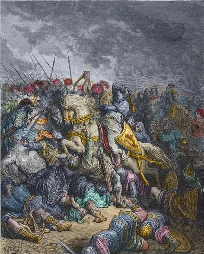 Battle of Arsur - Richard I Lion Heart, King of England participating in the 3rd Crusade - Richard the Lionheart in the Battle of Arsuf, Third Crusade, engraving by Gustave Dore - from History of the Crusades by Joseph-Francois Michaud by Gustave Dore