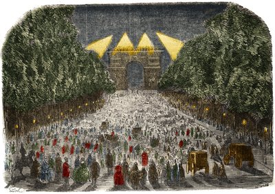 Crowd admiring the electric lighting of the Arc de Triomphe and the Champs Elysees in Paris on October 26 and 27 by Gustave Dore