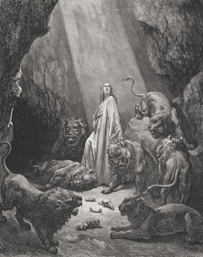 Daniel in the Den of Lions, Daniel 6:16-17, Illustration from Dore