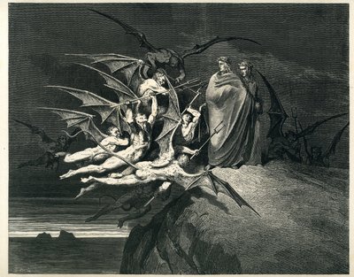 Dante and Virgil face the demons. Engraving from The Hell by Dante Alighieri (the Divine Comedy) illustrated by Gustave Dore. French edition of 1861. “Let none of you be rebellious!”, chant 21, v. 72. by Gustave Dore