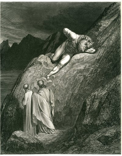 Dante and Virgil meet the Minotaur. Engraving from The Hell by Dante Alighieri (the Divine Comedy) illustrated by Gustave Dore. French edition of 1861. "E in su la punta della rotta lacca/L
