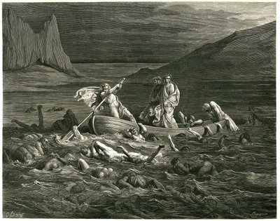 Dante and Virgil sail, led by the Nocher Phlegyas, on the Styx in which damns are wading, who try to climb into the boat. Engraving from The Hell by Dante Alighieri (the Divine Comedie) illustrated by Gustave Dore. French edition of 1861. by Gustave Dore