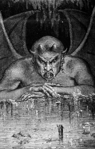 Dante and Virgil traverse the inferno in The Divine Comedy by Dante Alighieri (1265 - 1321): Satan devours the damned. Engraving by Gustave Doré. 19th century by Gustave Dore