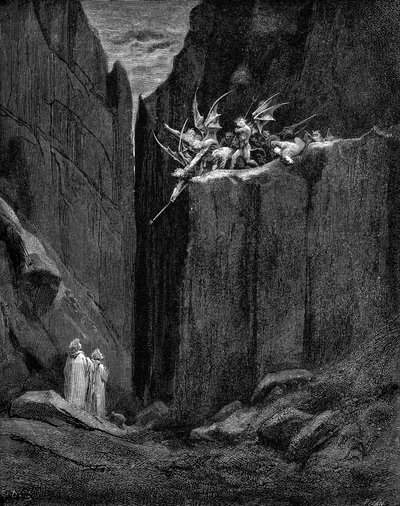 Dante protected by Virgil from harm by demons by Gustave Dore
