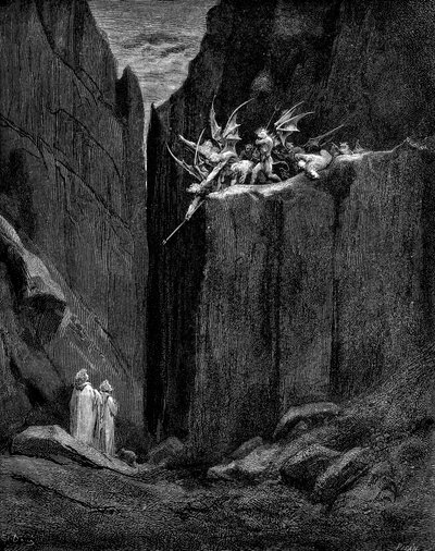 Dante protected by Virgil from harm by demons by Gustave Dore