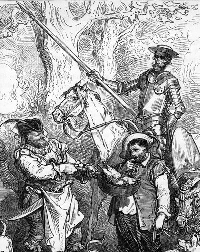 Don Quixote throws by hand and rides on his horse Rossinant is ready to go on adventure. His faithful squire, the gourmet Sancho Panza, hesitates in front of a good meat dish. Detail of an Engraving by Gustave Dore illustrating by Gustave Dore