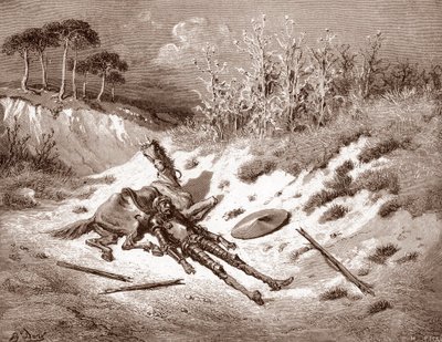 Don Quixote After His Beating, Quixote Calls for His Ideal Lady Dulcinea del Toboso (Engraving by Gustave Dore for 