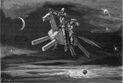 Don Quixote and Sancho Panza in the Sky, Between the Moon and the Stars, Riding the Wooden Horse Clavileño. Engraving by Gustave Doré Illustrating the 1869 Hachette Edition of the Book 