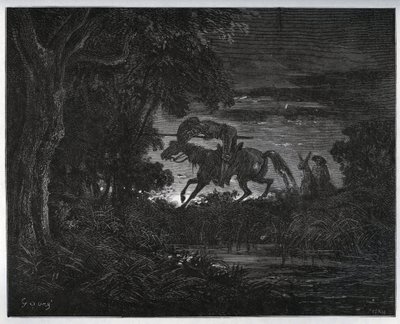 Don Quixote and Sancho Panza at the beginning of the adventure in a thick and unknown forest - from 