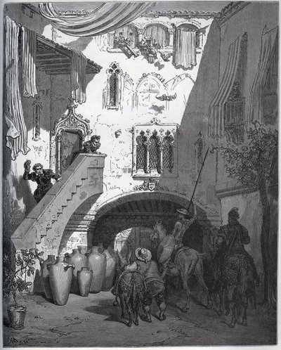 Don Quixote and Sancho Panza, invited by Don Diego de Miranda at home, are welcomed by the gentleman