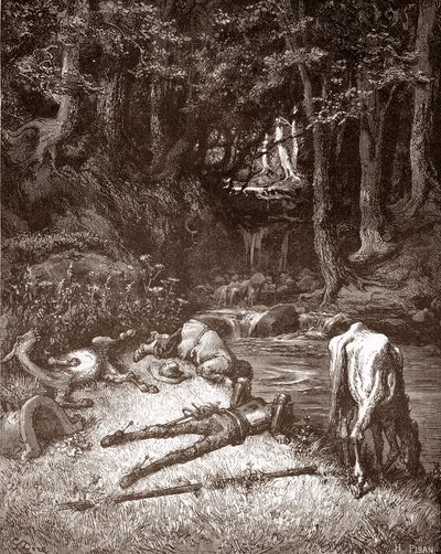 Don Quixote and Sancho Panza Refresh Themselves at a Brook, Engraving by Gustave Dore for 