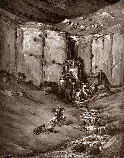 Don Quixote and Sancho Panza see a waterfall and noisy hovels Engraving by Gustave Dore (1832-1883) for “The Ingenious Hidalgo Don Quixote de la Mancha” by Miguel de Cervantes (1547-1616) 1863 Private collection by Gustave Dore