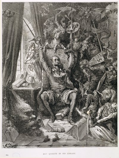 Don Quixote in his Library, engraved by Heliodore Joseph Pisan c.1868 by Gustave Dore