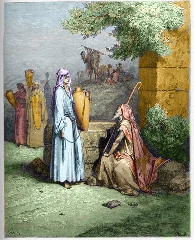 Eliezer and Rebekah - Eliezer, the servant of Abraham, is offered a drink of water by Rebekah - Eliezer and Rebecca - engraving in The Bible illustree by Gustave Dore - Engraving from The Dore Bible by Gustave Dore