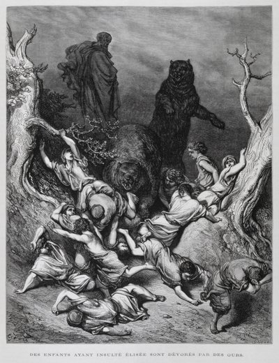 Elisha Watches as the Children are Destroyed by Bears, Illustration from the Dore Bible by Gustave Dore