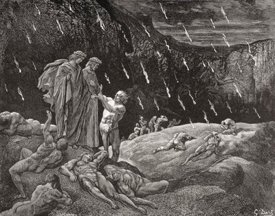 Engraving by Gustave Dore for Inferno by Dante Alighieri Canto XV lines 28 and 29 by Gustave Dore