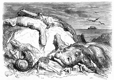 Engraving by Gustave Dore around 1850: Evocation of an Apocalyptic Deluge Combining Biblical Tradition (One Can See in the Distance the Ark of Noah on the Sea) and the Beginning of Scientific Knowledge (Various Monstrous Animals Failed on the Mountain) by Gustave Dore