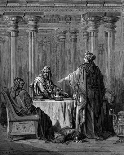 Esther c450 BC before her husband King Ahasuerus Xerxes I of Persia, 1866 by Gustave Dore