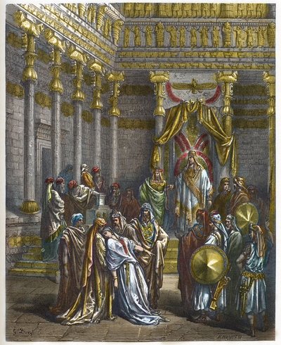 Esther faints before King Ahasuerus - engraving in The Bible illustree by Gustave Dore - Engraving from The Dore Bible by Gustave Dore