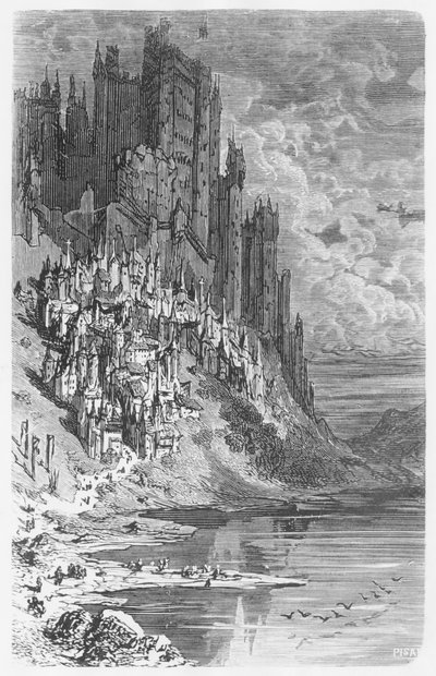 Fantasy landscape with town and castle, illustration from 