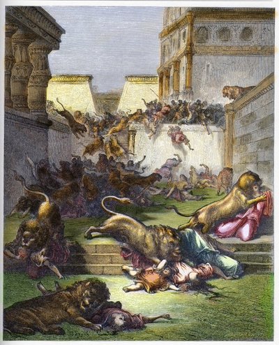 Foreigners devoured by lions in Samaria - Old Testament. People devoured by lions in Samaria - engraving in The Bible illustree by Gustave Dore - Engraving from The Dore Bible by Gustave Dore