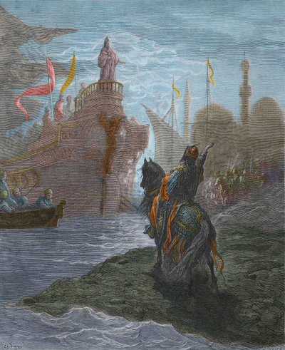 Fourth Crusade - Alexis V Doukas Murzuphle (1140-1204) negotiating with Doge Enrico Dandolo (1107-1205), in 1204. engraving by Gustave Dore (1832-1883) from History of the Crusades by Gustave Dore