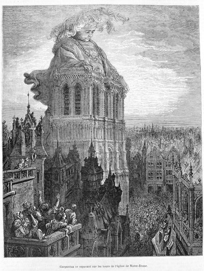 Gargantua resting on the towers of the Church of Our Lady. Engraving after the work Gargantua by François Rabelais by Gustave Dore