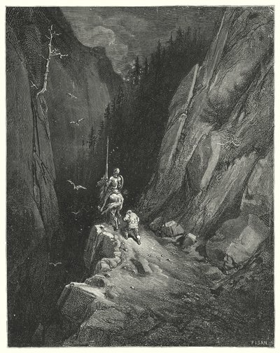 Don Quixote: "Don Quixote was transported with joy to find himself where he might flatter his ambition with the hopes of fresh adventures" by Gustave Dore