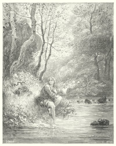 Don Quixote: "They spied a youth in a country habit, sitting at the foot of a rock behind an ash-tree" (engraving) by Gustave Dore