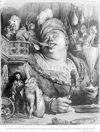 However, four of his people threw mustard in his mouth, one after the other, continually, full-shoveled. Extract from Gargantua by François Rabelais, engraving by Gustave Dore by Gustave Dore