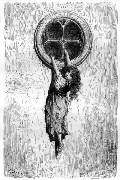 Illustration by Gustave Dore for the novel “Le Capitaine Fracasse” by Theophile Gautier (1811-1872). Agile as a cat and thin as a snake, the young Chiquita goes through a window to join Isabelle prisoner. by Gustave Dore