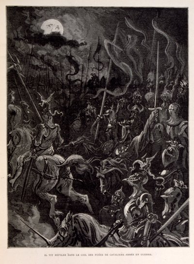 Illustration of Knights at Battle During a Moonlit Evening by Gustave Dore