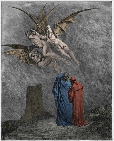 Inferno, Canto 9: The hideous Erinyes: Megaera, Tisiphone, Alecto by Gustave Dore