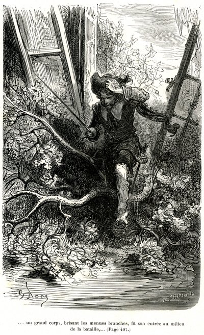 Jacquemin Lampourde, the gun in his hand, came at a point in the battle. Engraving by Gustave Dore illustrating the picaresque novel of cape and epee by Theophile Gautier 