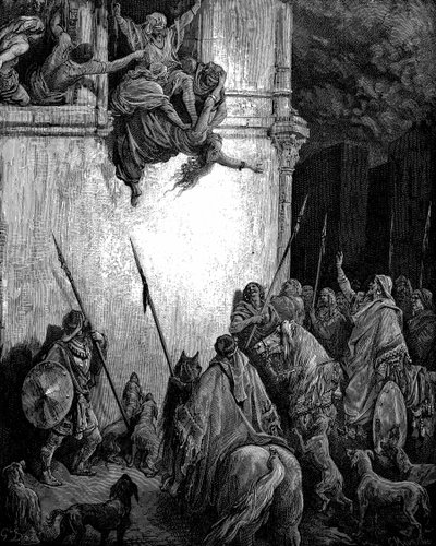 Jezebel, Phoenician Princess and Wife of King Ahab of Israel, Thrown Out of the Window on the Orders of Jehu, and Her Body Eaten by Dogs. 2 Kings 9:33. From Gustave Dore Illustrated Bible 1866. Wood Engraving by Gustave Dore