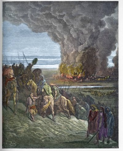 Joshua burns the town of Ai - The conquest of the city of Ai by Joshua - engraving in The Bible illustree by Gustave Dore - Engraving from The Dore Bible by Gustave Dore