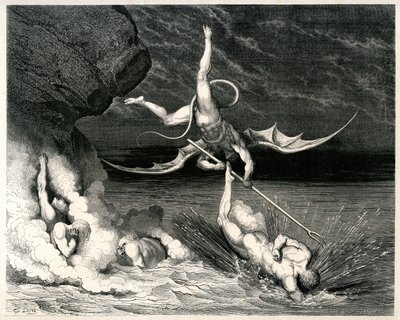 The Hell (La divina commedia) by Dante Alighieri illustrated by Gustave Dore. Edition Hachette 1861 - Demon - French translation by Pier-Angelo Fiorentino.... Si mosse, e grido: Tu se 