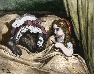 Little Red Riding Hood and Wolf dislike Grandma. Illustration by Gustave Dore by Gustave Dore