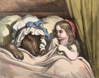 Little Red Riding Hood and Wolf dislike like Grandma. Illustration of The Tales by Charles Perrault by Gustave Dore - Little Red Riding Hood - Gustave Dore Engraving by Gustave Dore